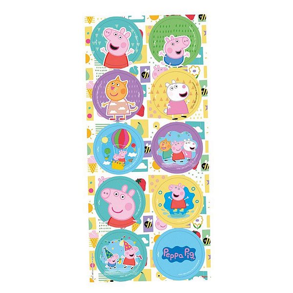 Adesivo Redondo Festa Peppa Pig - 3 Cartelas Com 10 Adesivos Cada (30 Unidades)