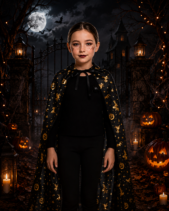 Capa Infantil com Estampas de Halloween Dourada 70cm