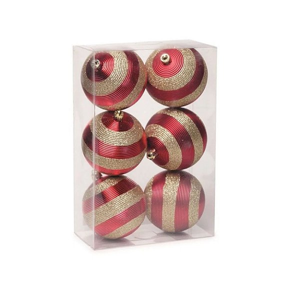 Bola de Natal com Listras e Glitter Vermelho e Ouro 8cm - 6 Unidades