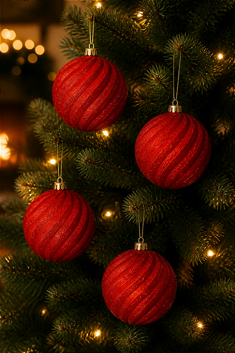 Bola de Natal Vermelha com Glitter 10cm – Kit com 4 Unidades