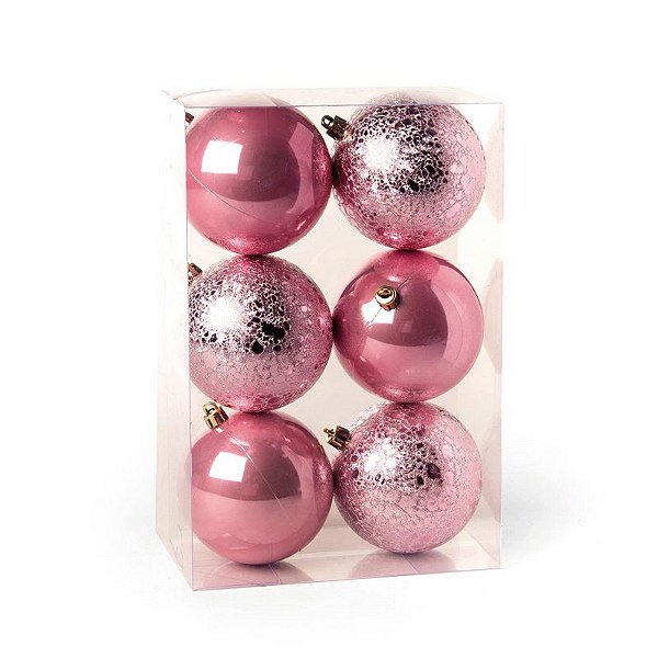 Jogo de Bolas de Natal Rosa Perolada e Craquelada C/06 Peças