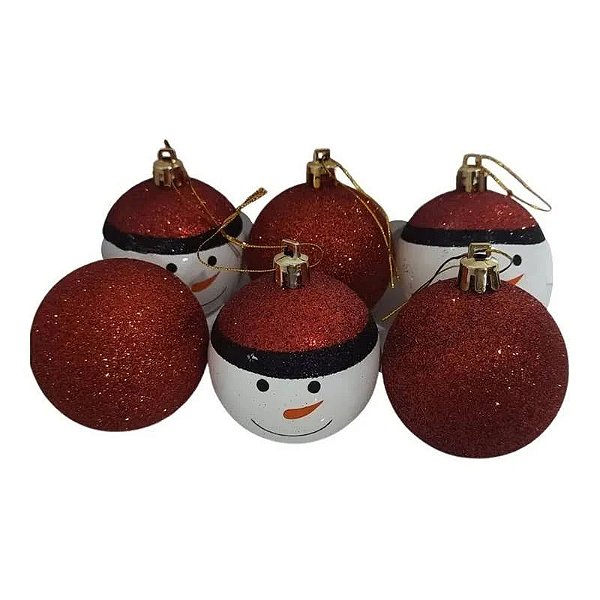 Bolas de Natal Vermelho e Branco Boneco de Neve 6cm - 6 Unidades