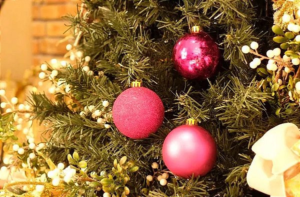 Bola de Natal Brilhante/Fosco e Glitter Pink 8cm - 6 Unidades