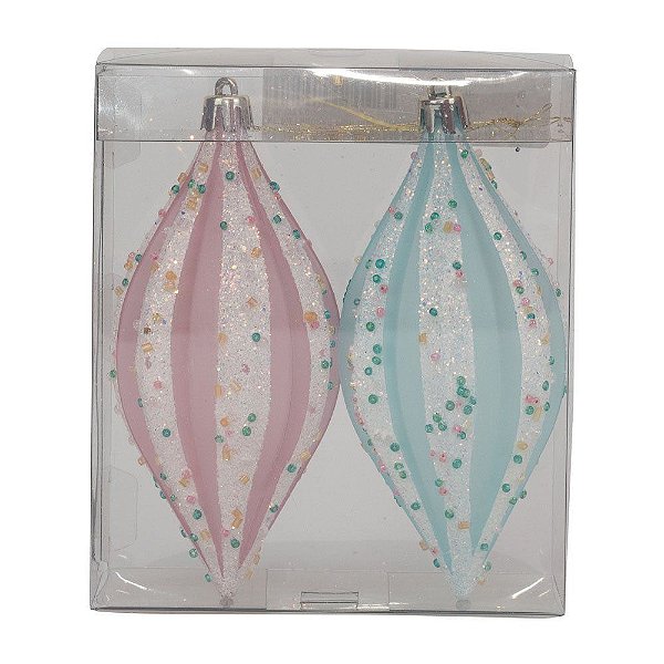 Enfeite Natal Pendurar Pino C/gomos 12x6x6cm - Cor: Rosa claro / Azul Claro - 2 Unidades