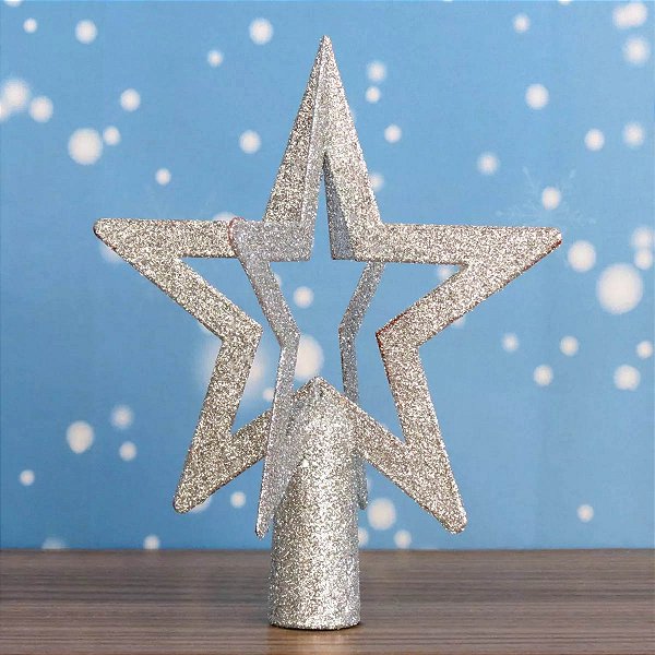 Ponteira Estrela Brilhante Prata Topo De Árvore De Natal 20cm