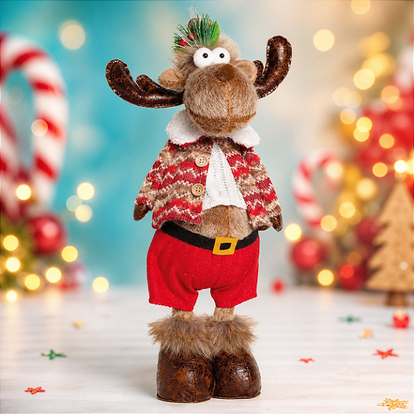Rena de Natal Pelúcia em Pé com Bermuda, Casaco e Gorro 50cm - Coleção Romenia