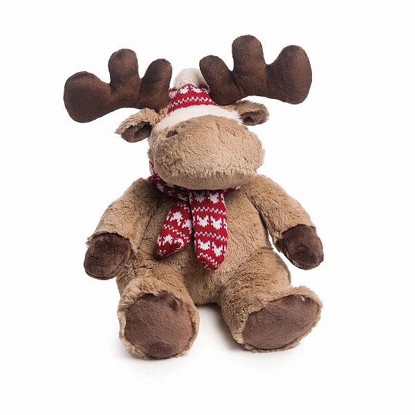 Rena De Pelúcia Natal Sentada Com Gorro E Cachecol De Lã - 25cm