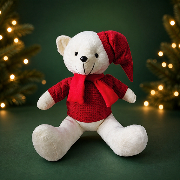 Urso de Pelúcia Sentado com Cachecol 40cm – Fofuxo e Decorativo