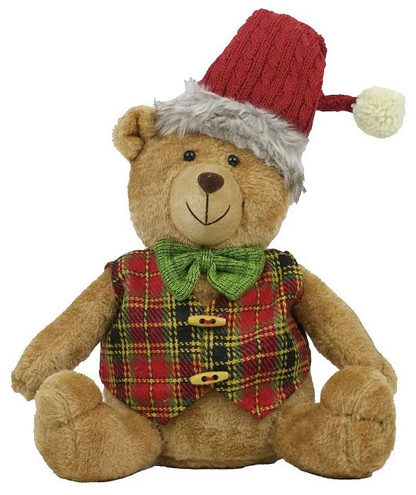 Urso Natalino Sentado com Colete e Gorro - 38cm