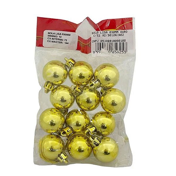 Bola Lisa De Natal Ouro 3cm - 12 Unidades