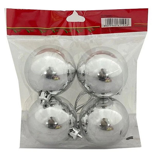Bolas de Natal Prata Lisa 6cm - 4 Unidades