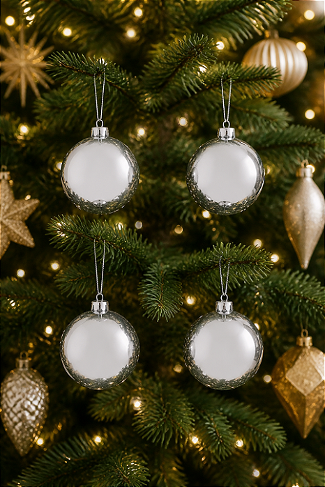 Bolas de Natal Prata Lisa 6cm - 4 Unidades