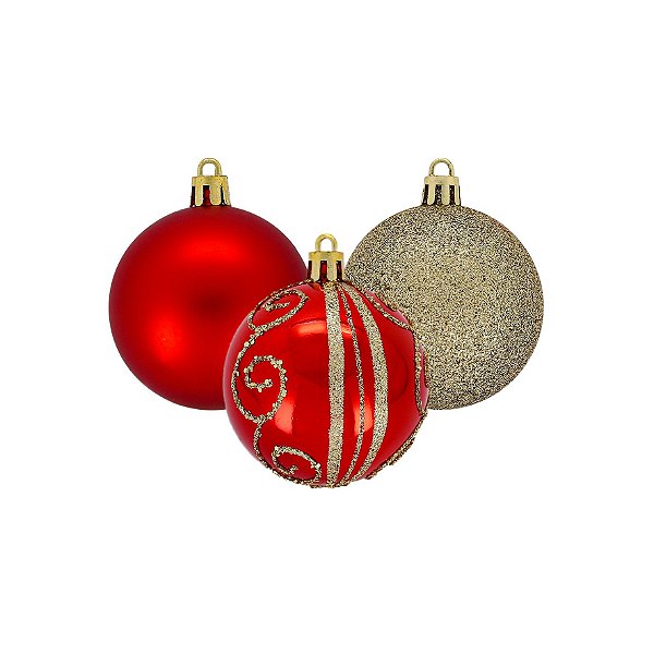 Bola Mista Decorada Vermelha Dourada - 6cm - 9 unidades