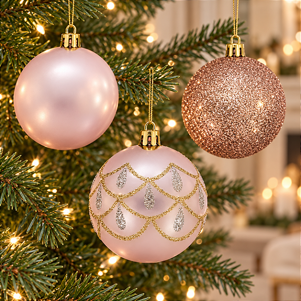 Bolas de Natal Mistas Decoradas – Rosa e Prata – 6 cm – Kit com 9 Unidades