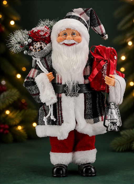 Boneco Papai Noel em Pé com Lanterna e Saco de Presentes 41cm
