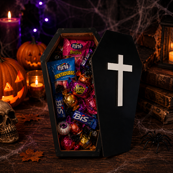 Enfeite de Mesa Caixão 3D MDF 26cm x 15cm Halloween