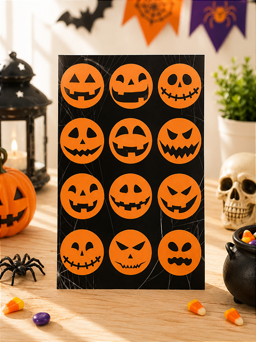 Cartela de Adesivo Halloween Abóbora – 24 Unidades