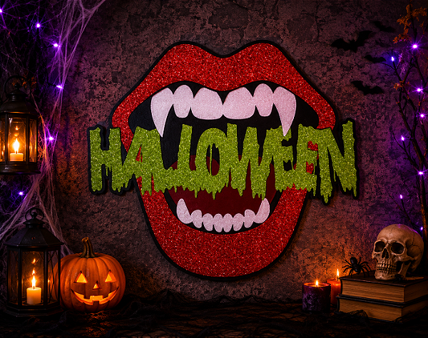 Painel de EVA Glitter Boca de Vampiro Halloween Horripilante 67x59cm