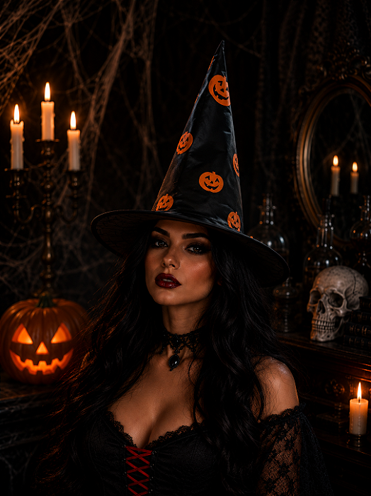Chapéu de Bruxa Preto com Abóbora Halloween