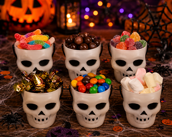 Kit Mini Balde Plástico Caveira de Halloween 8 cm - 6 Unidades