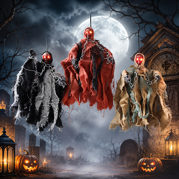 Enfeite Caveira Com Correntes / Luz E Som Halloween 20cm - 1 Unidade