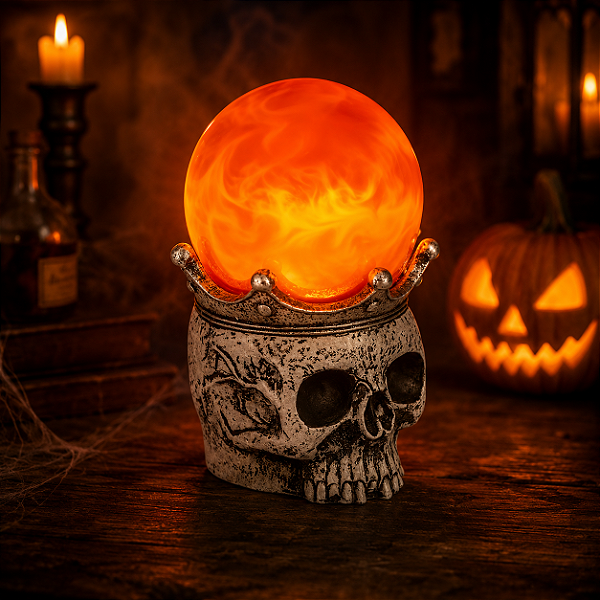 Enfeite Caveira Halloween com Globo Luminoso Laranja 20cm