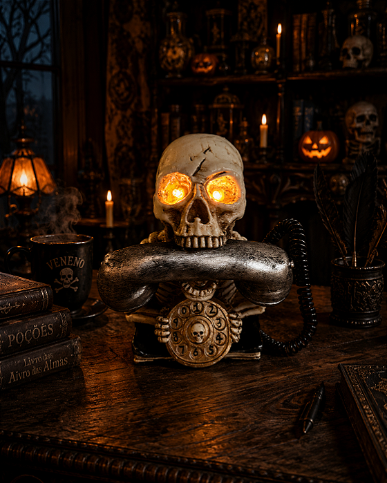 Caveira Decorativa Telefone com Luz Olhos Halloween - 22cm