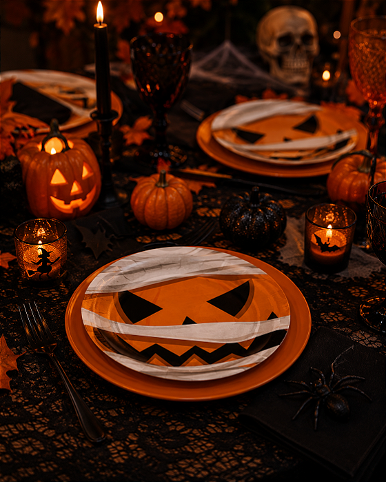 Prato de Papel Halloween Abóbora 18cm - 8 Unidades