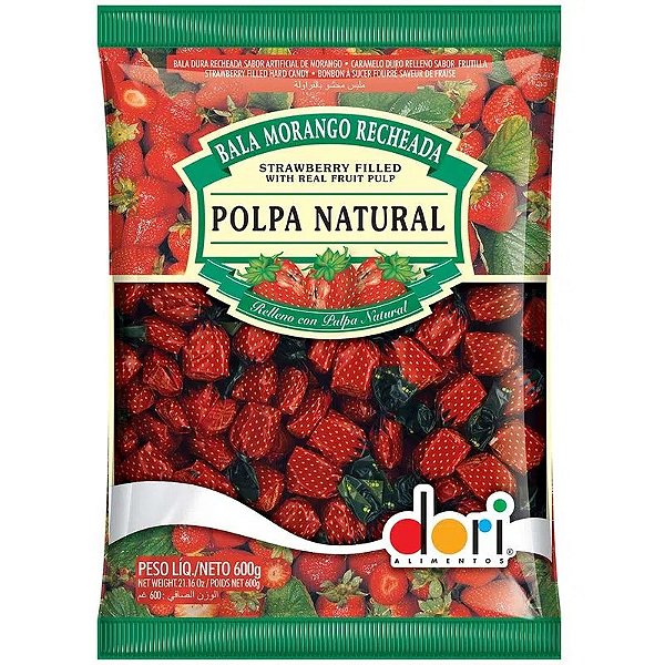 Bala Morango Recheada Polpa Natural 600g