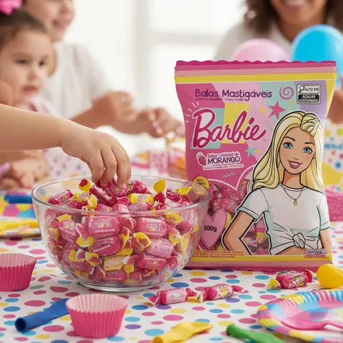 Bala Mastigável da Barbie no Sabor Morango 500g