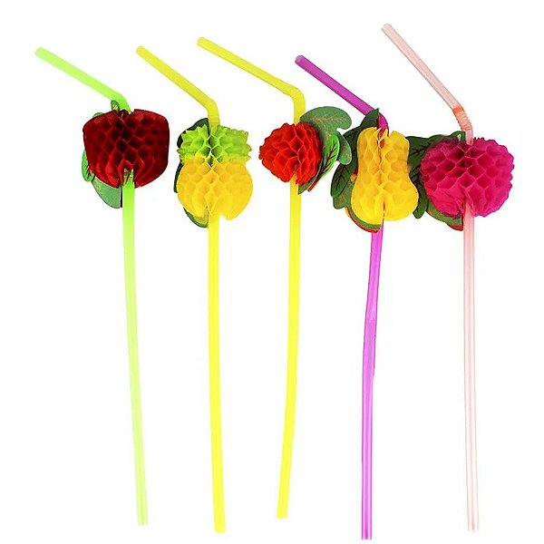 Canudo Flexivel Decorado para Drink Frutas Sanfonadas - 12 Unidades