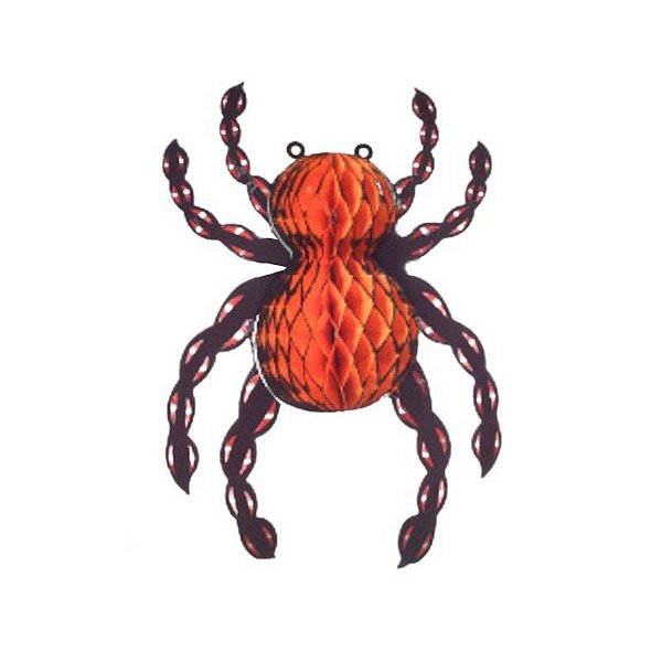 Enfeite Aranha Colméia de Papel P/ Pendurar Preta e Laranja Halloween - 32cm