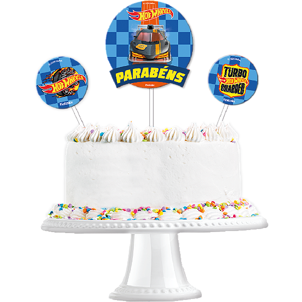 Topo de Bolo Festa Hot Wheels - 3 Unidades (1 Topo de Bolo e 2 Decorações)
