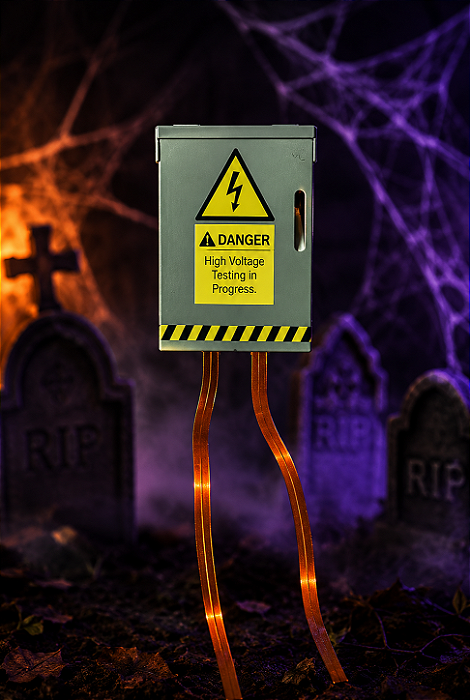 Caixa de Energia Alta Voltagem com Luzes, Som e Movimento 70cm Halloween