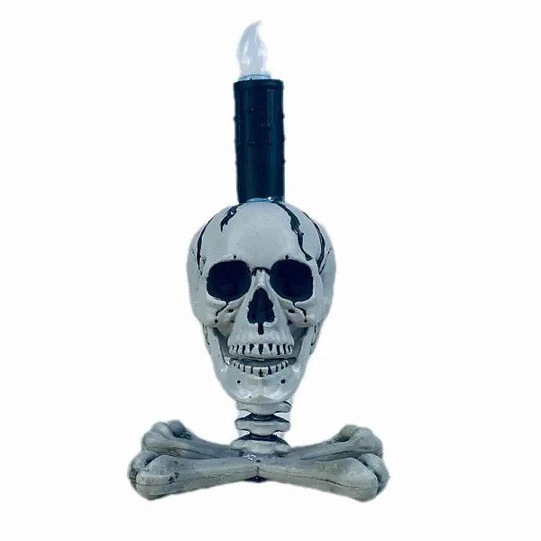 Castiçal Caveira com Luz Led Decoração Halloween - 26cm x 16cm