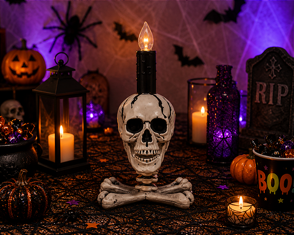 Castiçal Caveira com Luz Led Decoração Halloween - 26x16cm