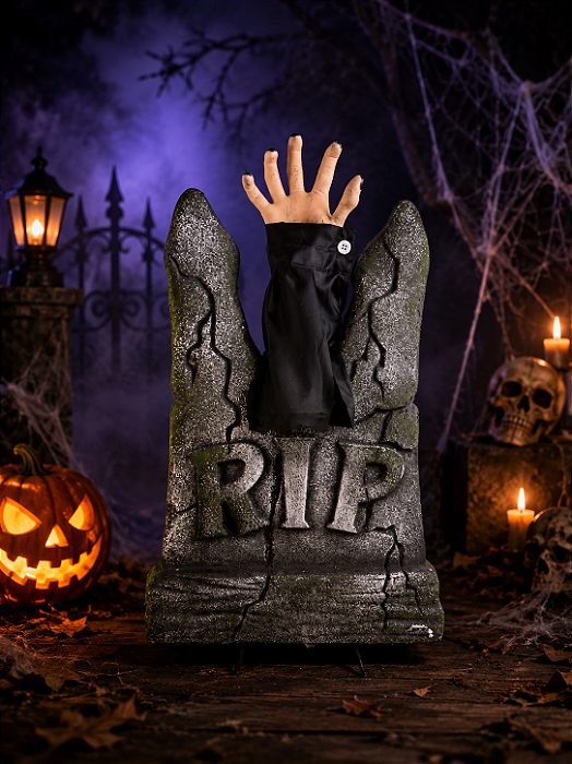 Lápide Mão Assombrada com Som e Movimento Halloween 55cm