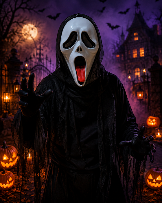 Máscara de Halloween Pânico com Capuz Preto 33cm