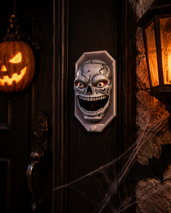 Campainha Caveira Branca Halloween com Som Luz e Movimento 19cm