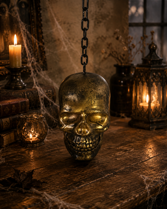 Cabeça Crânio Dourado com Corrente Decoração Halloween - 28cm