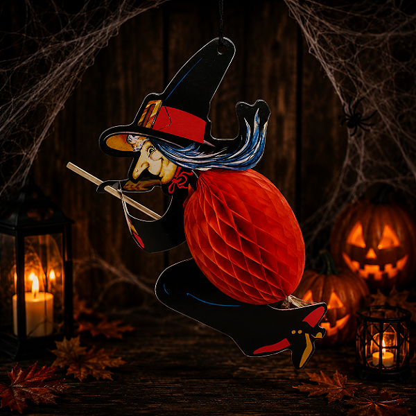 Enfeite Halloween Bruxa na Vassoura Sanfonada 30cm – Toque Clássico e Divertido!