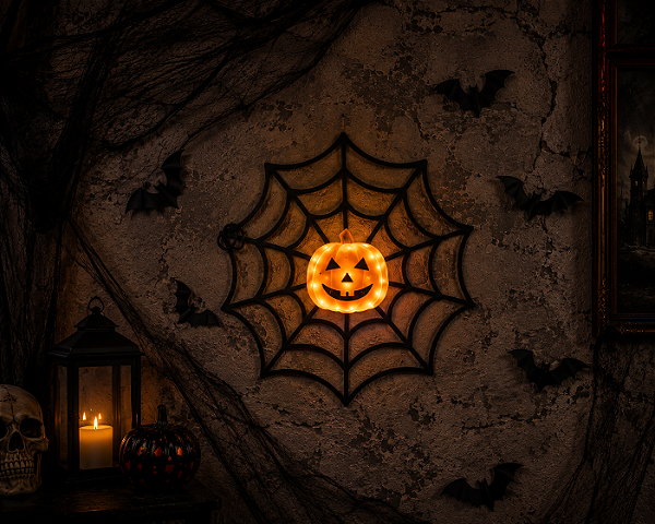 Teia de Aranha Abóbora Luminosa com Led 33cm