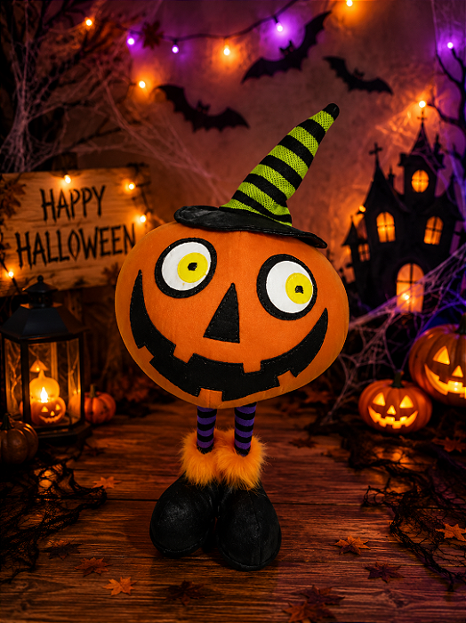 Abobora Decorativa Boneco Listrado Pernas Compridas com Mola Halloween 55 cm