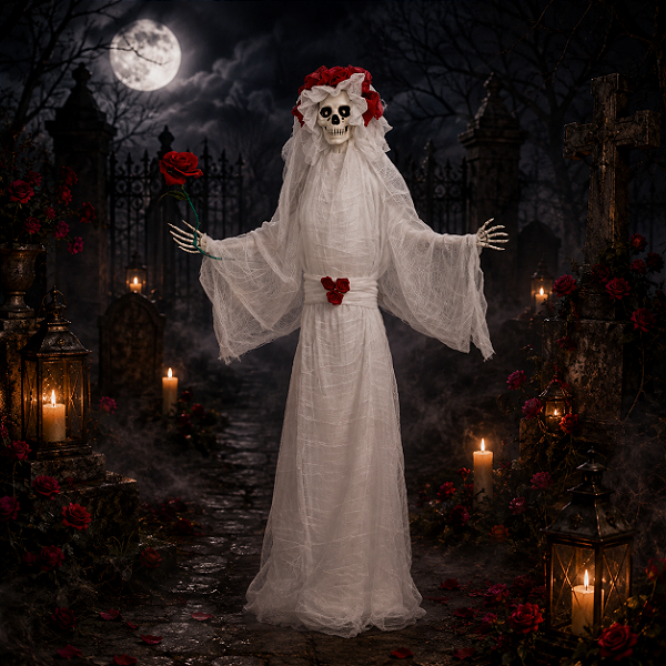 Boneco Noiva com Flor Cadáver com Led, Som e Movimento 120cm