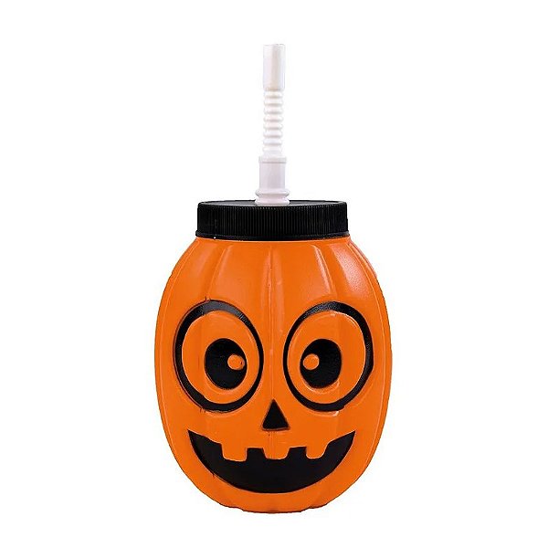 Copo Plástico Abobora Halloween Tampa E Canudo - 400ml