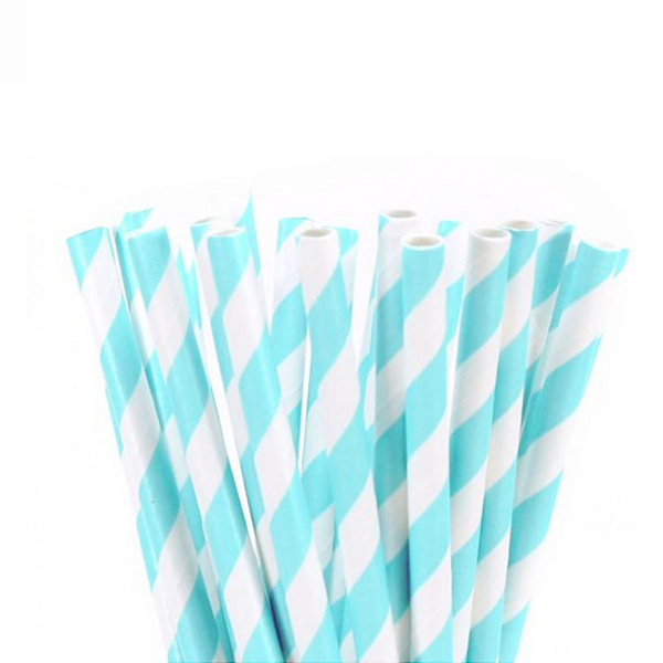 Canudo De Papel Biodegradável Azul Claro Listrado - 6x200 mm - 12 Unidades