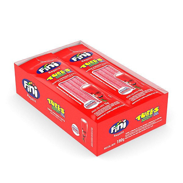 Mini Bala de Gelatina Tubes Morango e Nata - Display com 12 Pacotes de 15g Cada