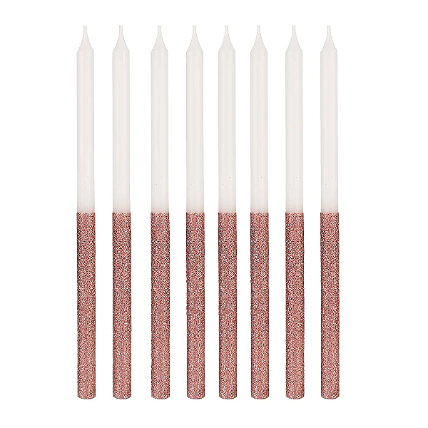 Vela Palito Branca com Glitter Rose 14cm - 8 Unidades