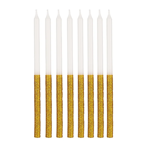 Vela Palito Branca com Glitter Dourado 14cm - 8 Unidades