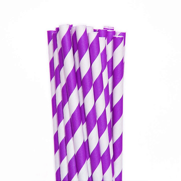 Canudo De Papel Biodegradável Roxo Listrado - 6x200 mm - 12 Unidades